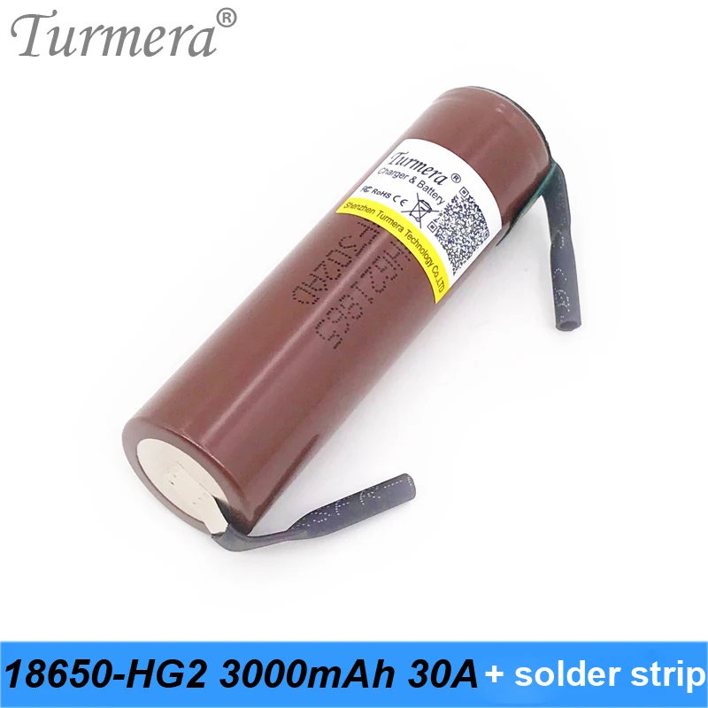 Turmera original inr18650 hg2 18650 3000 мАч 30a с пайкой для шуруповерта и аккумулятора