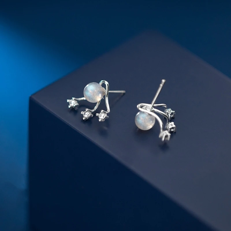 

100% Real 925 Sterling Silver Earrings for Women Moonstone Crystal Stud Earrings Making Jewelry For Girls Teen Gift