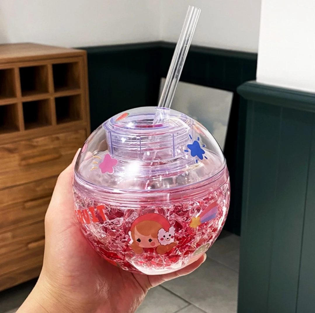 

Happy Hour Earth Cup Double Layer Plastic Cup with Straw for Students and Adults Lovely Water Cup with High Appearance