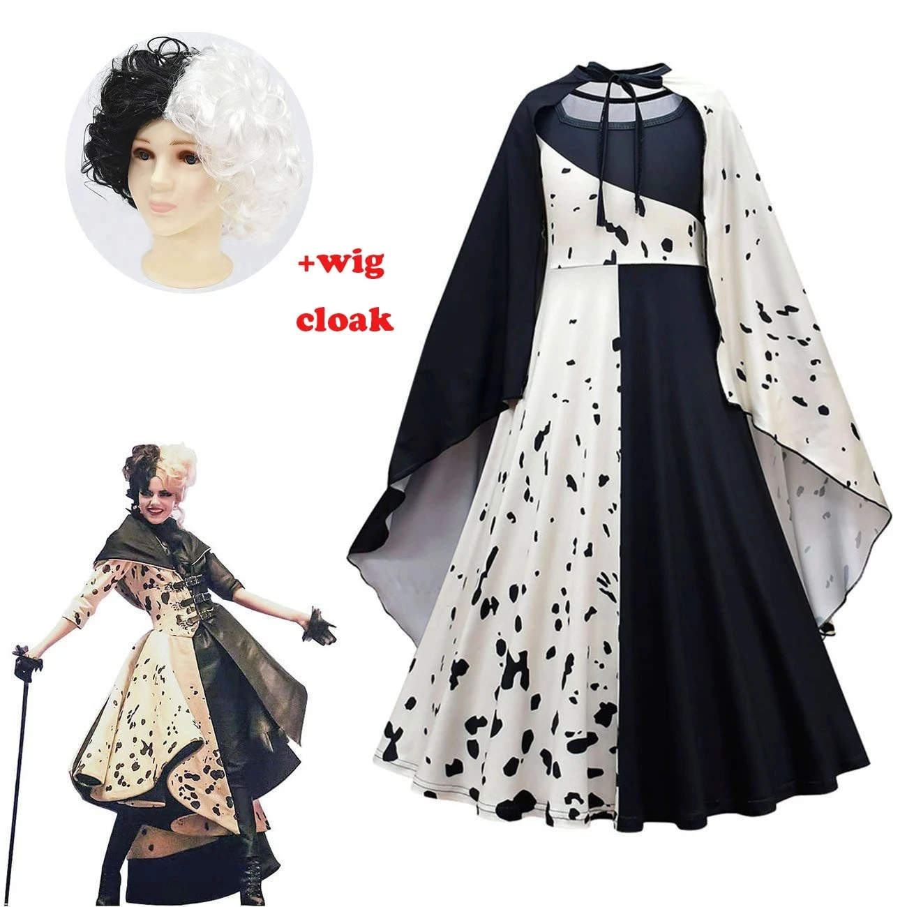 Женский костюм горничной Cruella De Vil черно-белый в горошек для Хэллоуина |