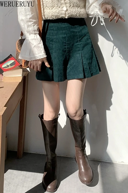 

WERUERUYU Corduroy Brown A Line Mini Skirt Women Casual Autumn Elegant Pleated Skirts Korean Style High Waist Skirt