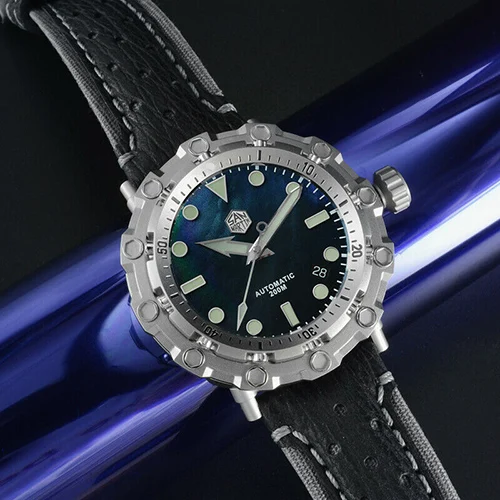with date San Martin Men Original limited edition mechanical watches 200m Water Resistant Shark leather strap Titanium diving Wriswatch - Цвет: with date