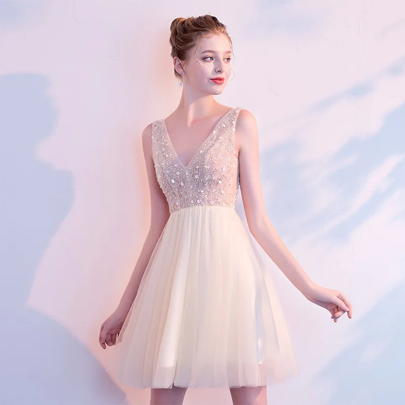 

Champagne Evening Dress 2019 New Stylish Short Sexy Deep V-neck Party Dress Beaded Backless Prom Dress Robe De Soiree Vestido De