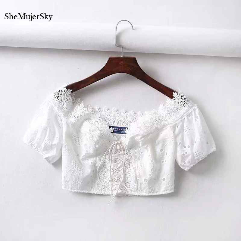 

SheMujerSky Sexy Hollow Out Blouse Women Emboridery Bandage Lace Short Crop Top 2020 Summer White Shirts