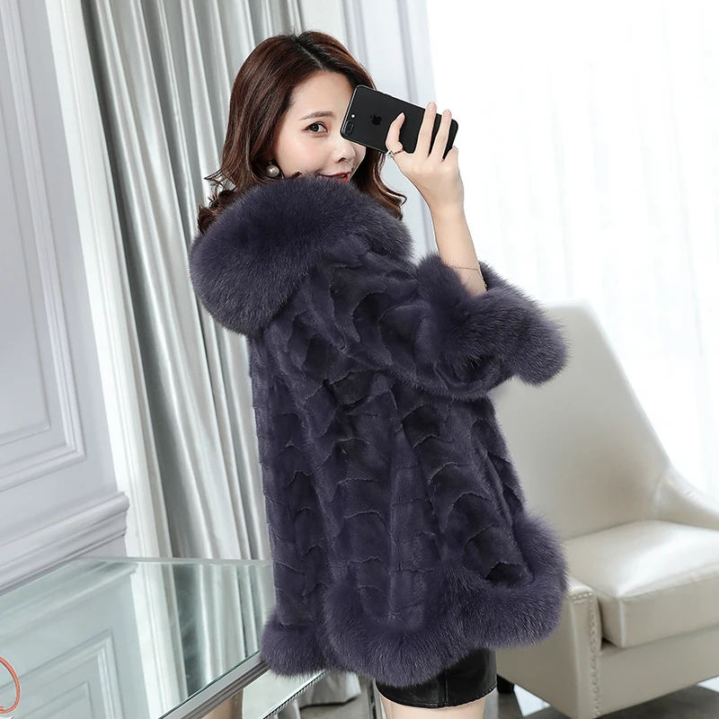 

Warm Real Winter Mink Coat Fox Fur Collar Long Coats and Jakcets Women Autumn Korean Jacket Chaqueta Mujer MY1117