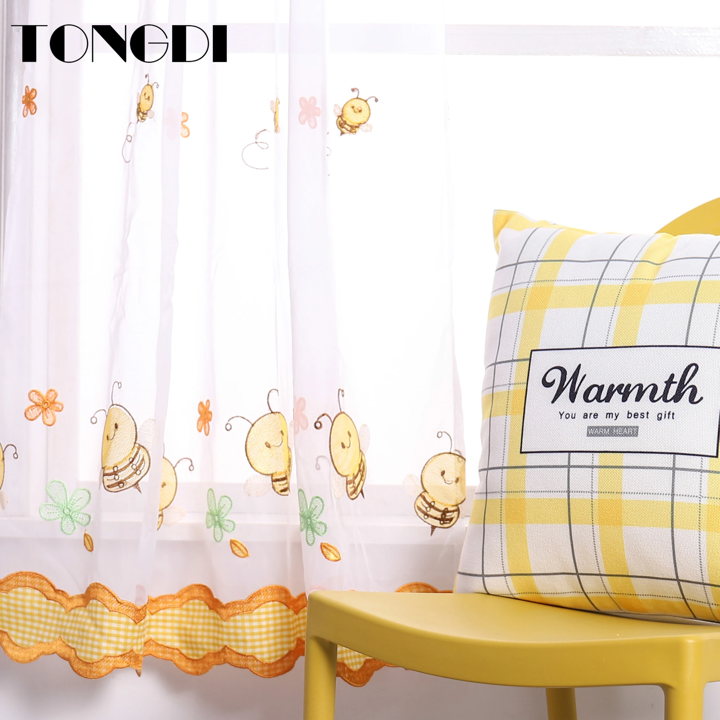 TONGDI Короткие Занавески для кухни и дома белые тюлевые шторы с вышитыми животными