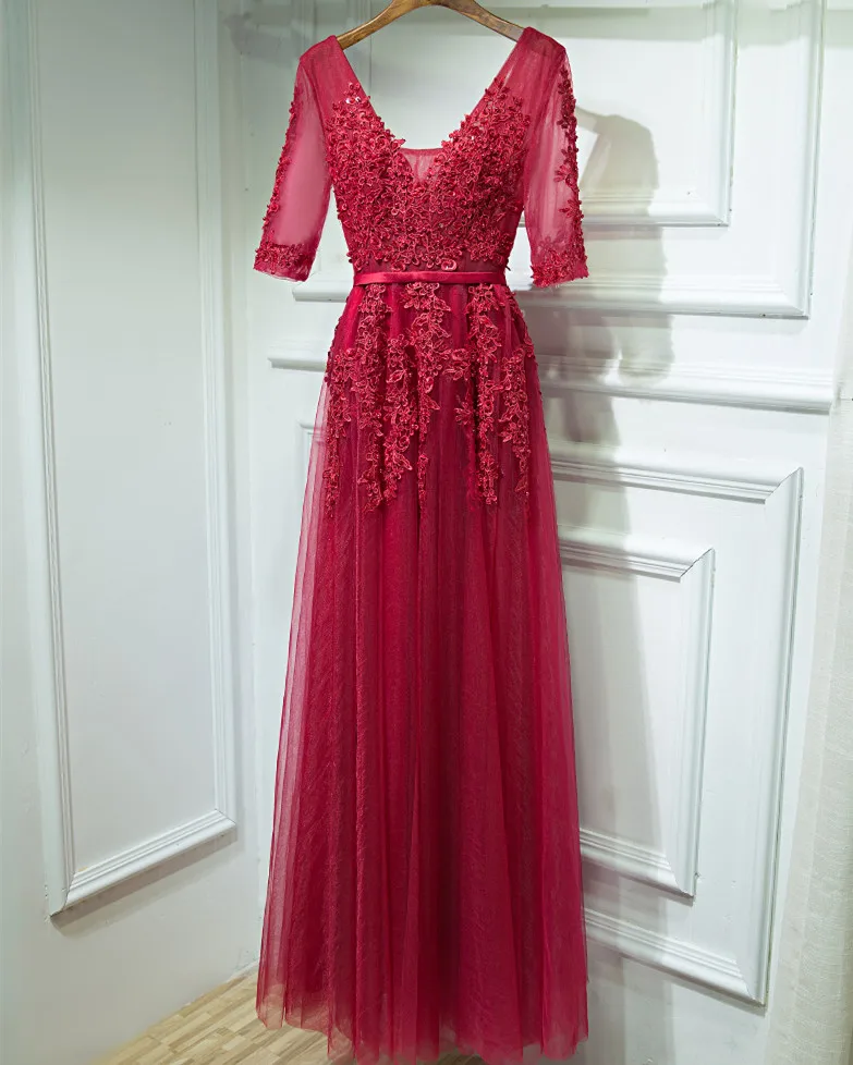 

Elegant Evening Dresses for wedding short sleeve V neck lace beading Long Formal prom Dresses plus size wedding party dress