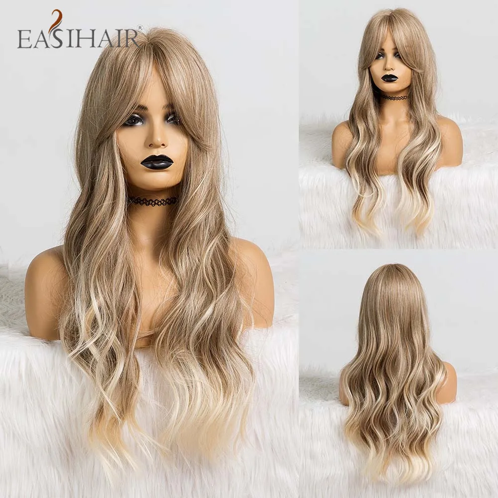 

EASIHAIR Long Wave Synthetic Wigs Ombre Brown Light Blonde Silver Women Wigs With Side Bang Cosplay Heat Resistant for Women Aro