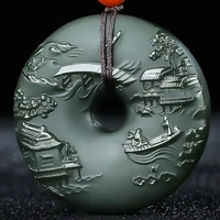 Fine Deep Green Jade Pendant Carven Landscape Circular Amulet Brings Wealth Hanging Talisman Netsuke