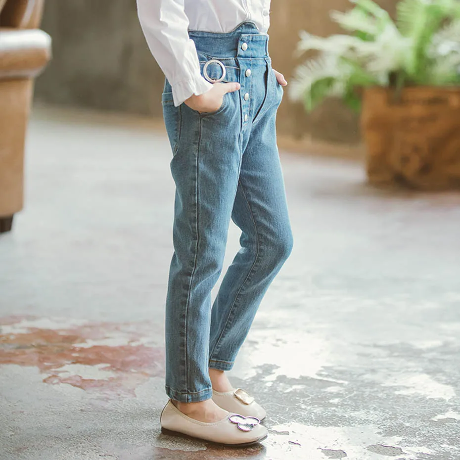 Джинсы джинсы для девочек с высокой талией однобортные лентами детей Осенние