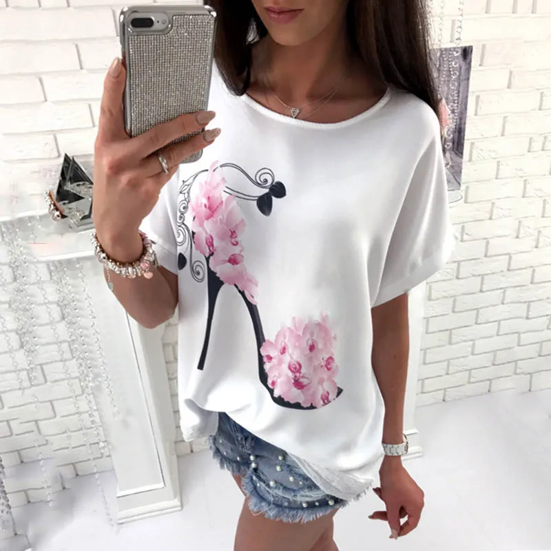 Рукав летучая мышь на высоком каблуке футболка с принтом топы короткими рукавами