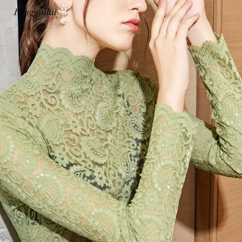 

New Spring elegant Lace Tops Female Perspective Sexy Long Sleeve Basic pullover Plus Size Winter Velvet Women's Sweater 3XL