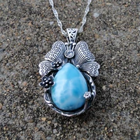 retro uniquely designed butterfly shape 812mm 925 sterling silver natural larimar oval pendant