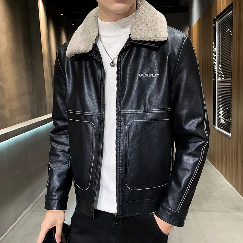 

New Design Men's Fashion Faux Leather Jackets Coat Wool Liner Zipper Black Thick Motorcycle Windbreaker Slim Fit Winter Clothing