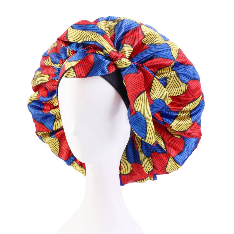 

New Women's Extra Large Hair Cap For Sleeping African Printed Satin Round Hat Elastic Night Turban Artificial Silk Chemo Bonnet