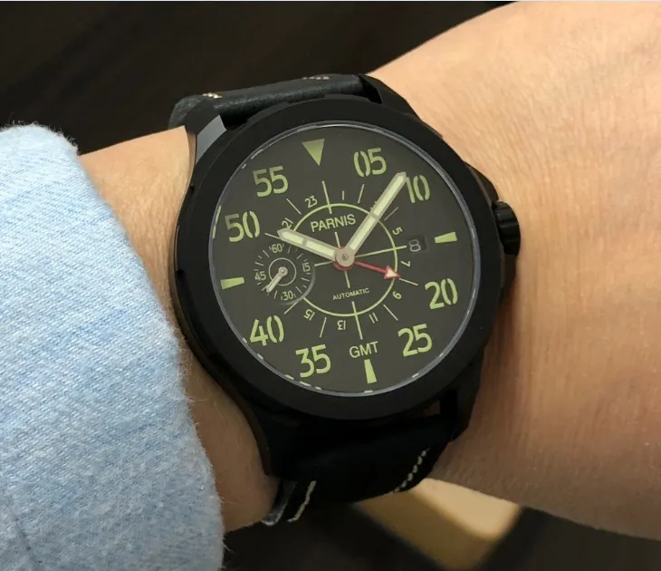 

Sapphire crystal 44mm PARNIS GMT Automatic Mechanical movement luminous Black dial Automatic date men's watch P204-P8