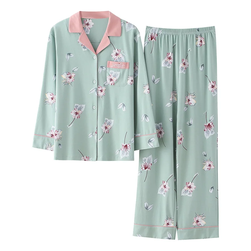 

Spring Ladies Pajamas Set Floral Printed Full Cotton Fresh Style Sleepwear Set Women Turn-down Collar Female Casual Homewear 3XL