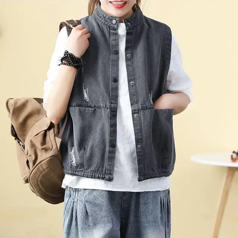 

Жилет женский джинсовый без рукавов, свободная повседневная куртка, винтажный однобортный жилет из денима в Корейском стиле, пальто, P1067, ос...