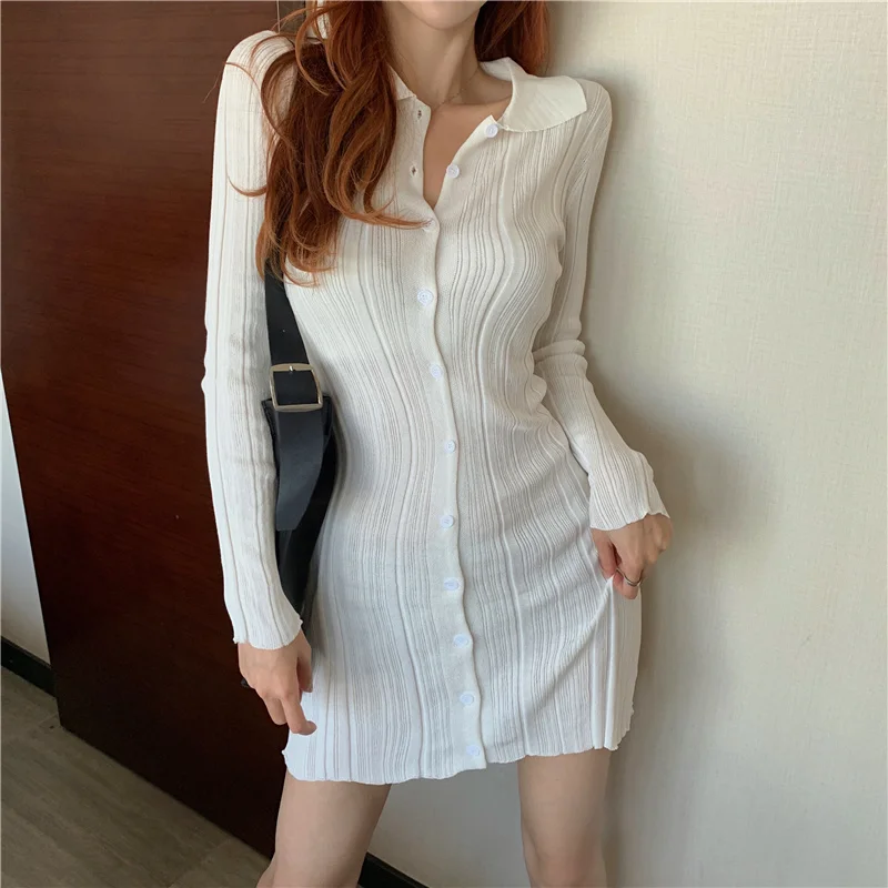 

Solid Vintage Slim 2021 Spring New Fashion Women Knitted Dress Fairy Long Sleeve Small Temperament French Summer Dress