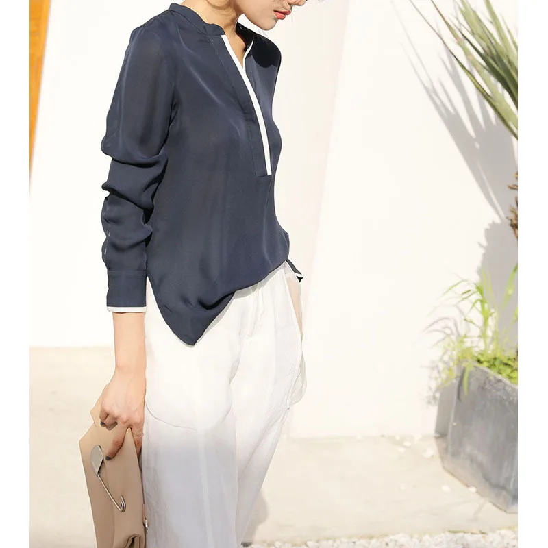 Женская тонкая рубашка с длинным рукавом темно синяя Повседневная блузка из