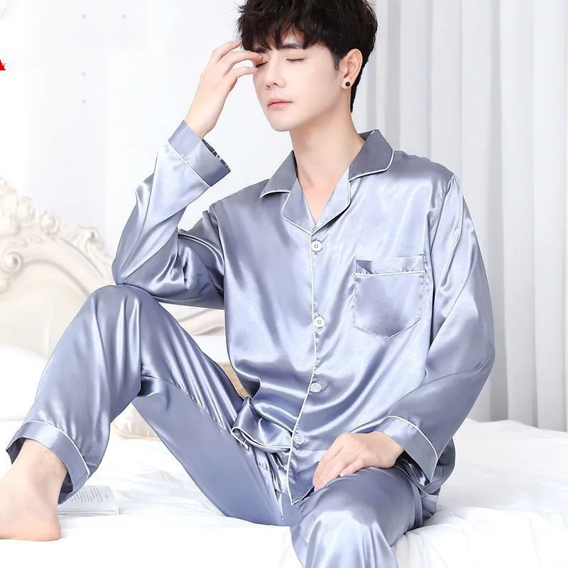 Men's Rayon Silk Pajamas Sexy Stripe Sleepwear Set Pajama Set Top Full Sleeve Shirt Pant Big 2PCS/Suit Men Homewear kPaCotAkoWka