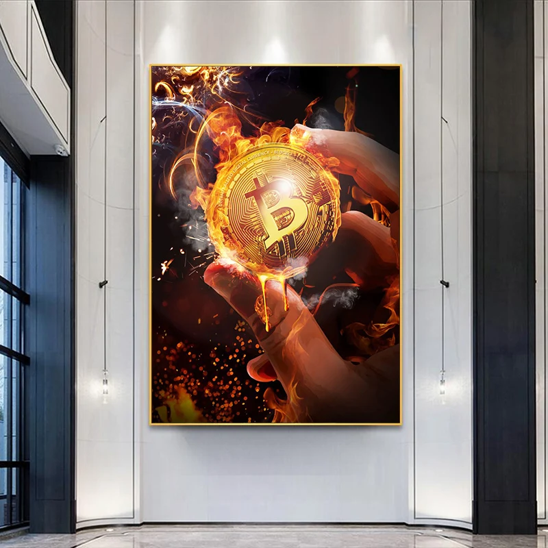 

Burning Bitcoin Canvas Paintings Golden Posters Prints Nordic Style Modern Oil Painting Wall Picture For Living Room Home Decor