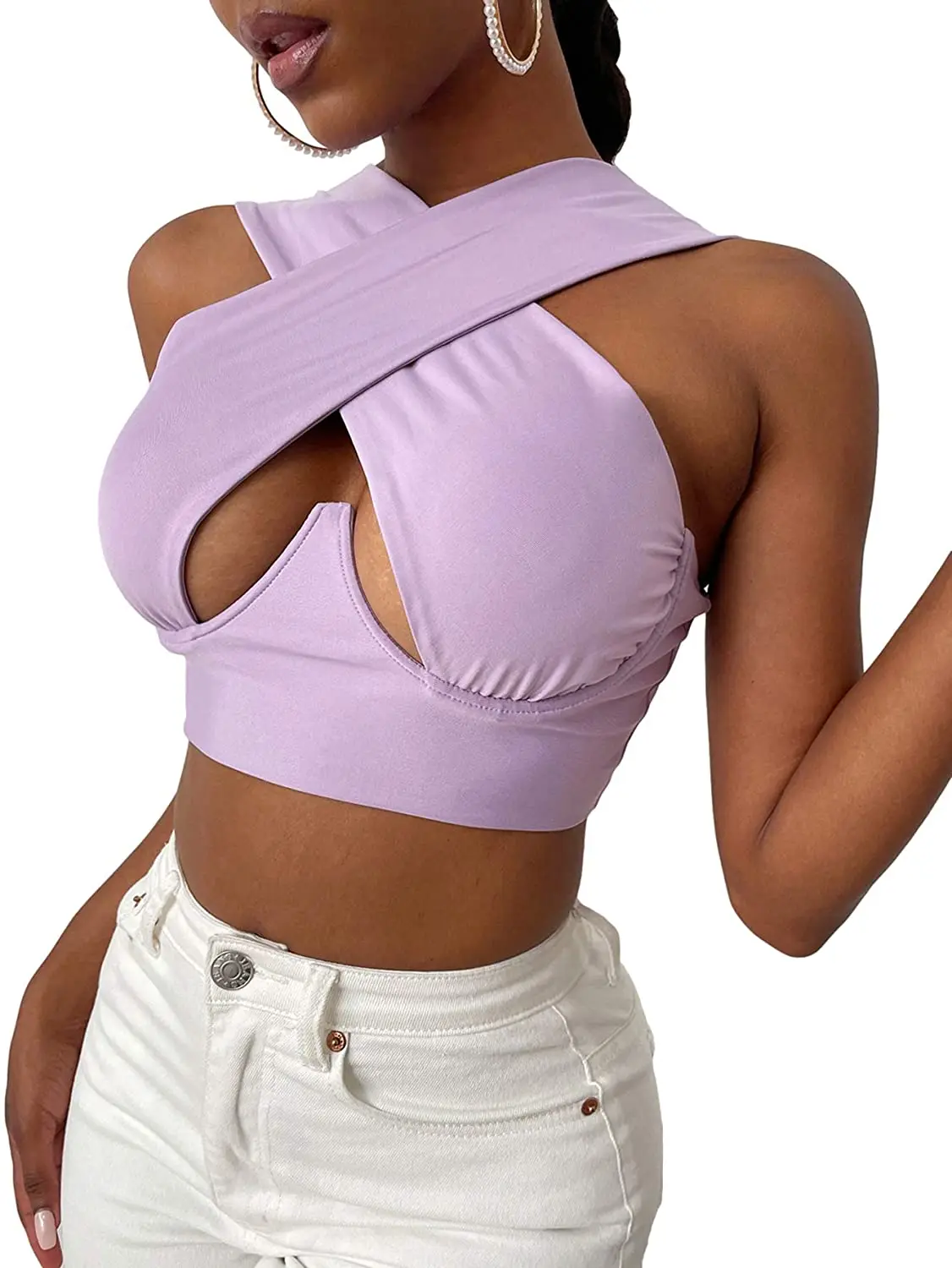

Women's Criss Cross Tank Tops Sexy Sleeveless Solid Color / Printing Cutout Front Casual Crop Tops S/M/L/XL/2XL/3XL