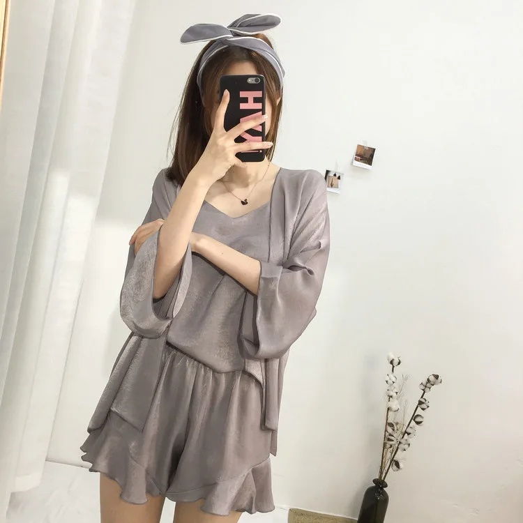 Korean Version Thin New Velvet Three Piece Pajamas Women's Suspender Pajamas Coat Home Clothes Spring Summer Autumn Sleep Tops