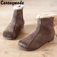 careaymade genuine leather womens boots autumnwinter womens plus plush warm shoescomfortable ladies winter short boots