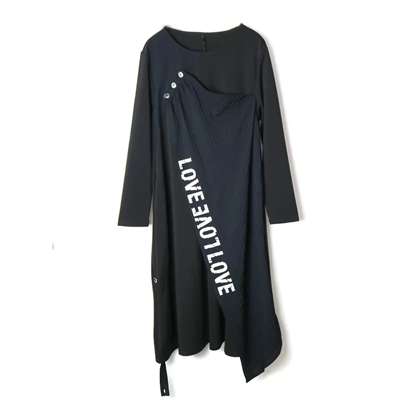 

TVVOVVIN Spring Fashion Loose Irregular Mid Length Dress O-neck Long Sleeve Letter Print Spliced Women Dress THR0