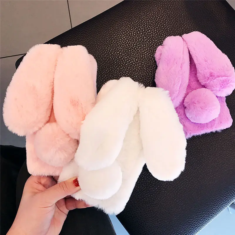 

Cute Rabbit Ears Fur Plush Phone Case for iPhone XS Max XR X 11 Pro Max 12 Pro Warm Cover for iPhone 6 6S 7 8 Plus SE 2020 Cases