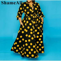 plus size three quarter sleeve polka dot long maxi dress with belt 4xl vintage elegant high waist sashes button up shirt dress