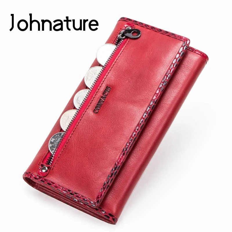 

Женский кошелек из мягкой коровьей кожи Johnature, однотонный кошелек для отдыха, с отделениями для карт, 2021