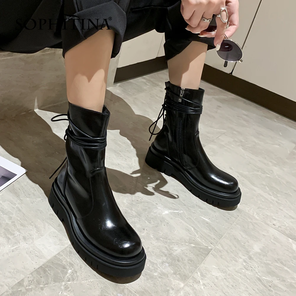 

SOPHITINA Casual Women's Boots Genuine Leather Handmade Round Toe Flat with Zipper Shoes Convenient Lace-up Non-slip Shoes HO162