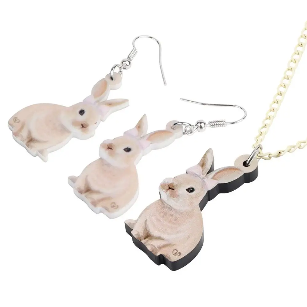 WEVENI Acrylic Brown Easter Hare Rabbit Bunny Jewelry Sets Cute Animal Earrings Necklace For Women Girls Funny Gift Accessories | Украшения