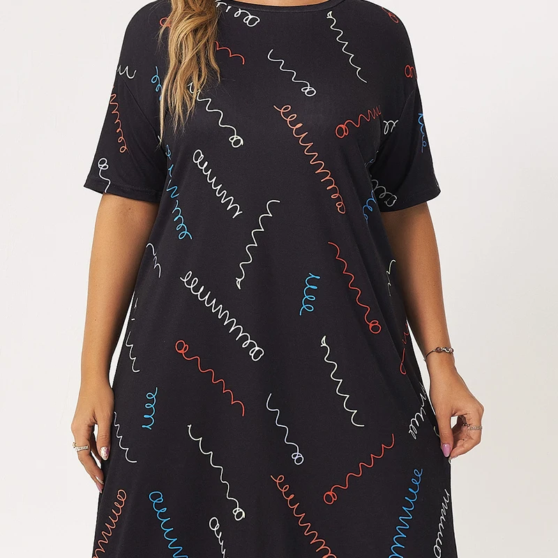 

New Summer Dress Women 2021 Plus Size Black O-neck Short Sleeves Colored Lines Printing A-line Loose Casual Youth Maxi Dresses