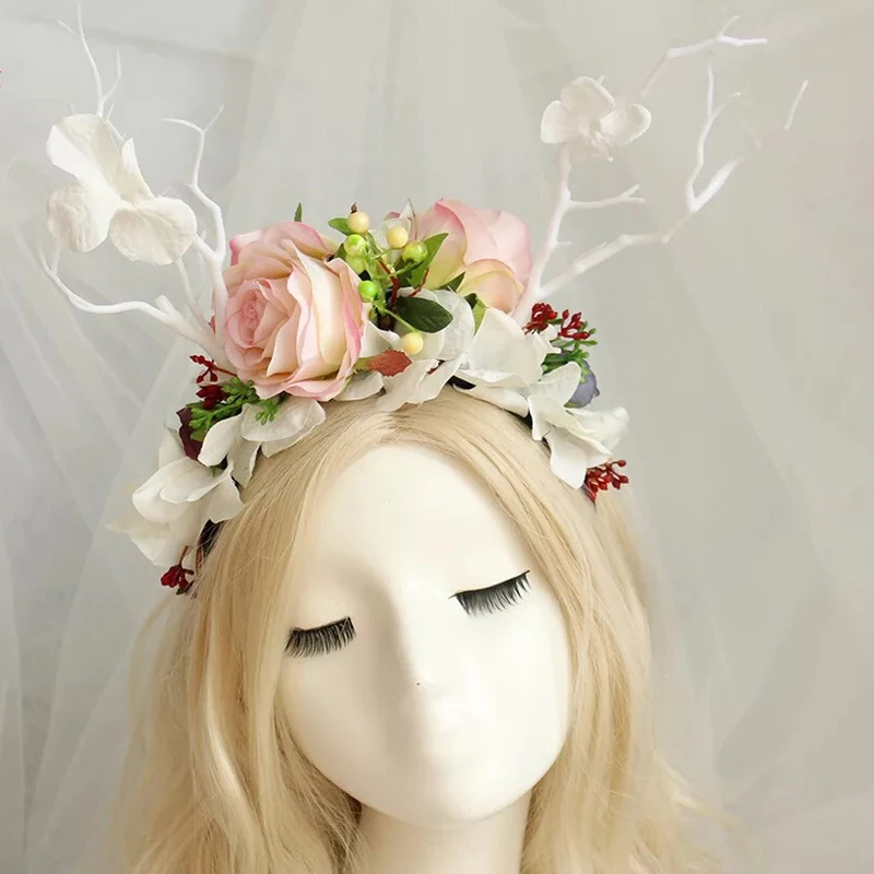 Fashion Deer horn Antler Flower Hairband Fairy Forest Fruit Branch Headdress Wedding Party Show Ladies White Flower Headband New