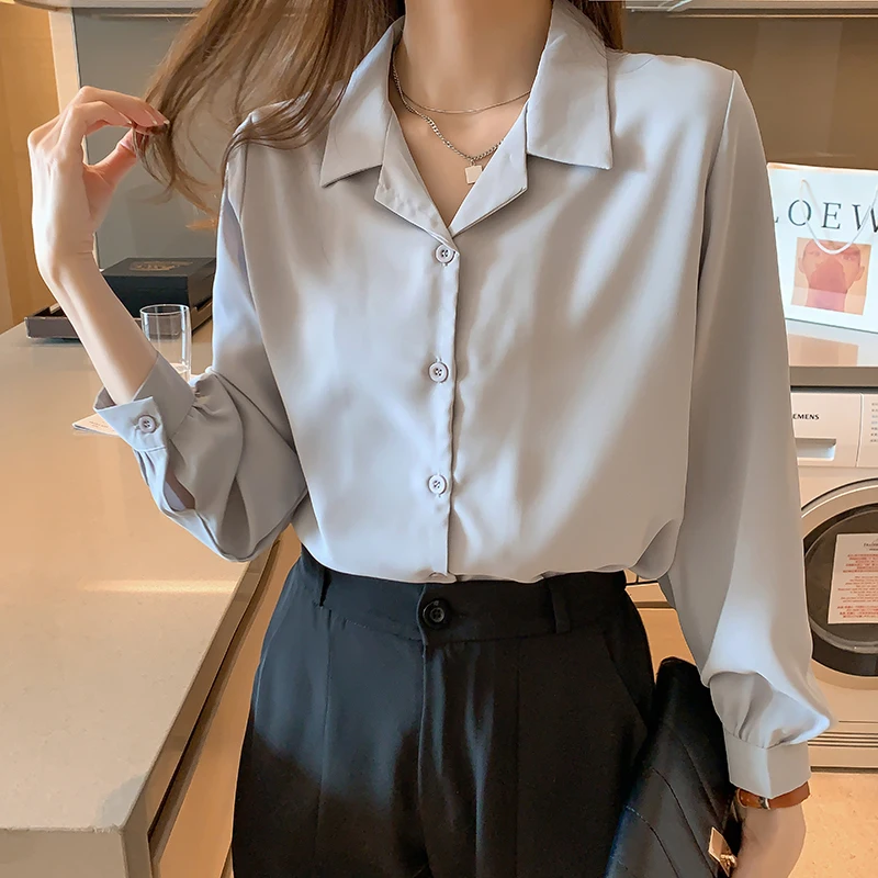 

2021early Spring Clothes New Greyish Blue Chiffon Shirt Women's Design Sense Niche Shirt Long-Sleeved Versatile Top Fashion