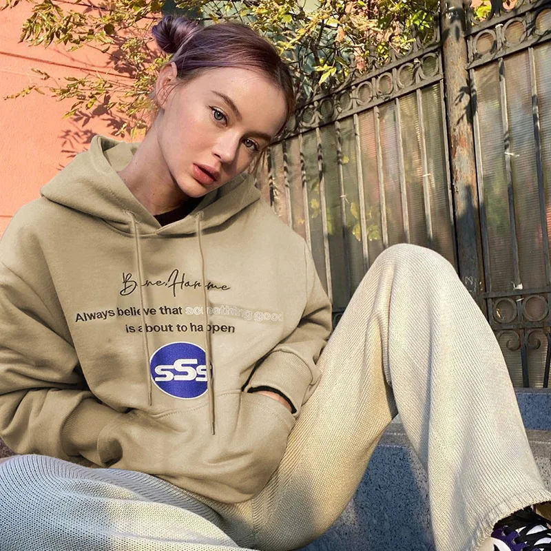 

Letter Print Plus Velvet Keep Warm Khaki Oversized Hoodie for Girls Winter Women 2020 Harajuku Aesthetic Long Sleeve Thicken Top
