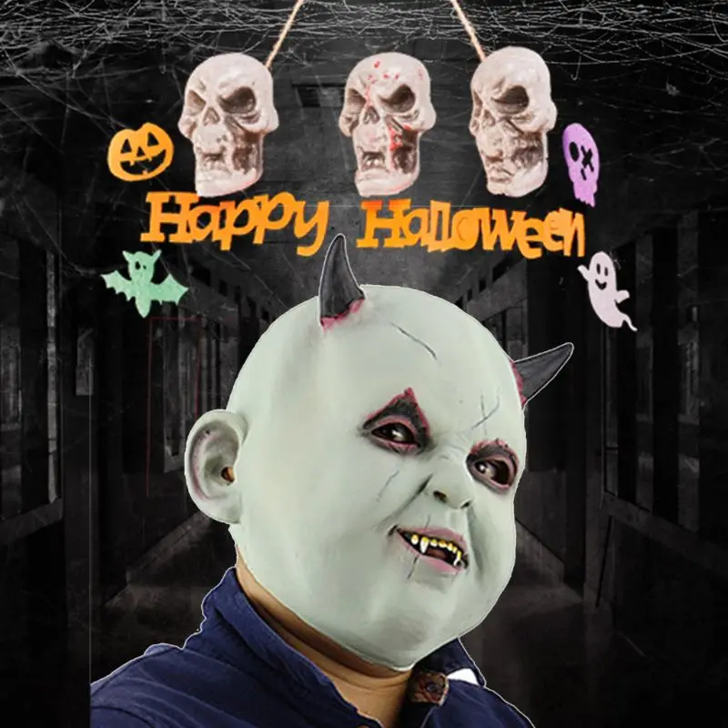 

Halloween Creepy Scary Full Face Mask Horror Little Devil Demon Ox Horn Cosplay Costume Carnival Hounted House Decor