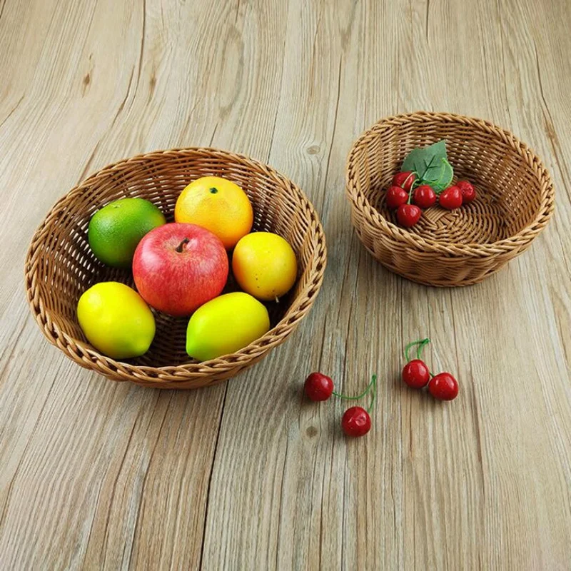 

3 Pcs Round Shape Rattan Hand Woven Fruit Basket Food Candy Snack Storage Tray Kitchen Dining Room Organizer Bowl