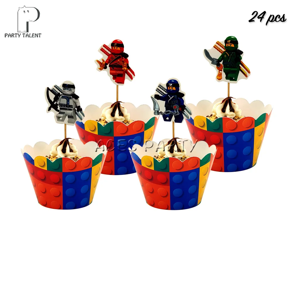 24pcs cupcakedeco Мальчики Дети Ninjagoing тема посуда для вечеринки в честь Дня Рождения шар конфеты коробка флаг тарелка чашка соломы кисточкой вечерние принадлежности - Цвет: 24pcs cupcakedeco
