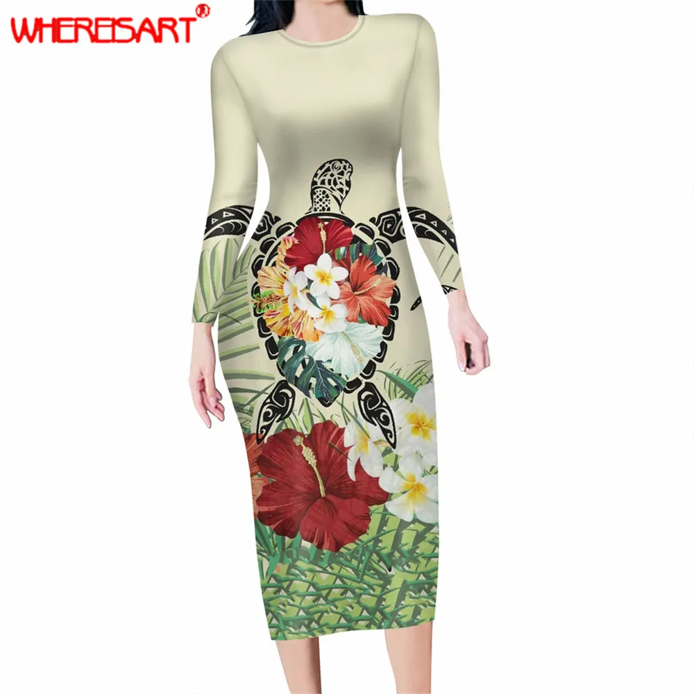 

WHEREISART Ethnic Design Women Clothes Polynesian Turtle With Hibiscus Print Full Sleeve Sheath Pencil Dress for Lady Streetwear