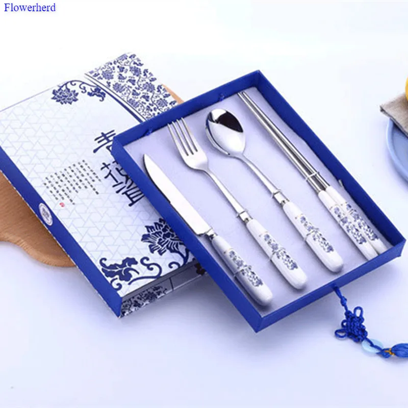 

New Chinese Style Blue and White Porcelain Tableware Set Knife Fork Spoon Chopsticks Four-piece Business Gift Ceramic Handle