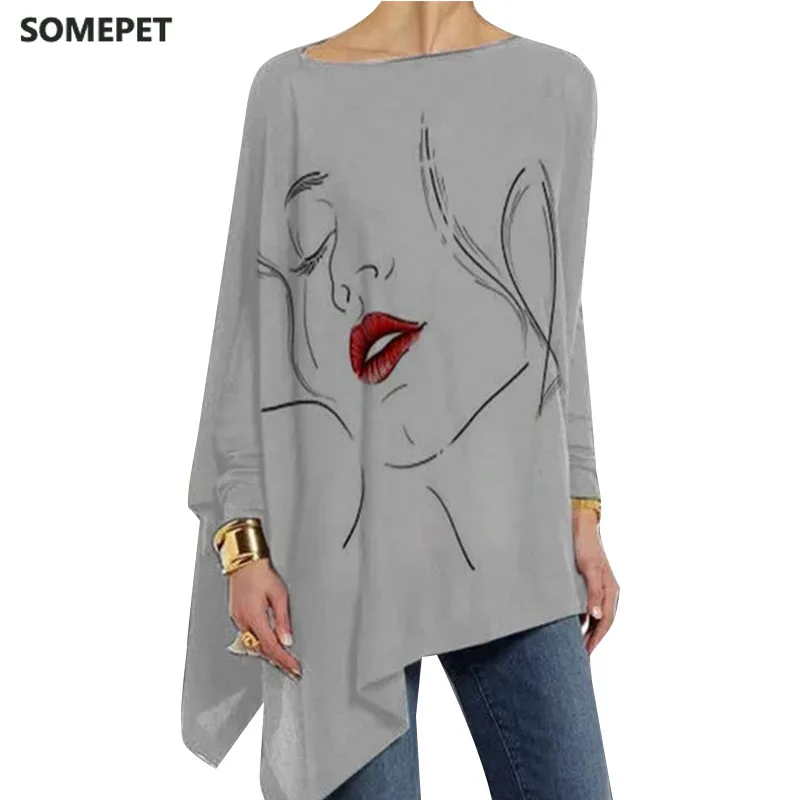 

Lip Human Print Vintage Woman Autumn Blouses Shirts Long Sleeve O-Neck Irregular Hem Casual Woman Tunic Shirts Tops