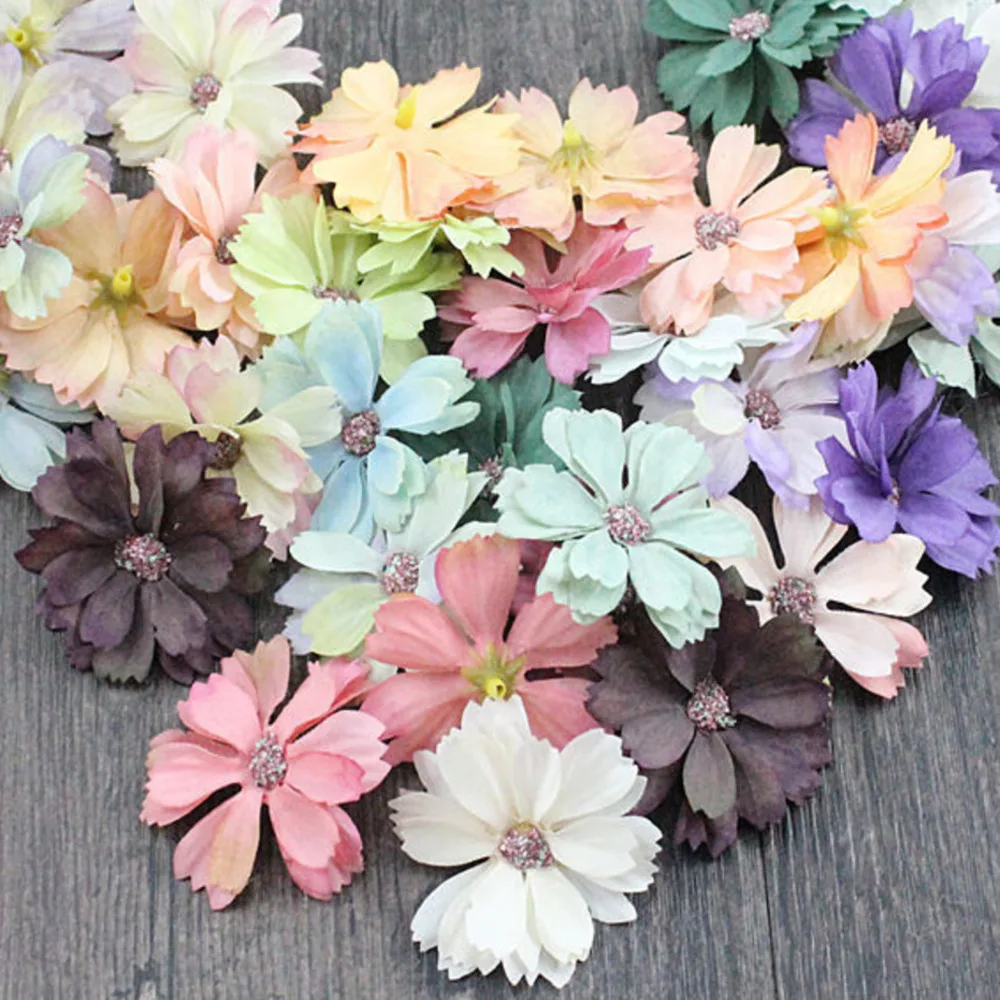 

100pcs Daisy Fake Flowers Head Mini Silk Artificial Flower Decoration Home Wedding DIY Wreath Headdress Simulated Chrysanthemum