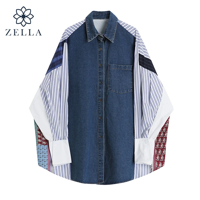 

2021 Autumn Women's Shirt Contrast Color Patchwork Blouses And Shirts Women Clothing Top Long Sleeve Office Tops Hawaiian Shirt
