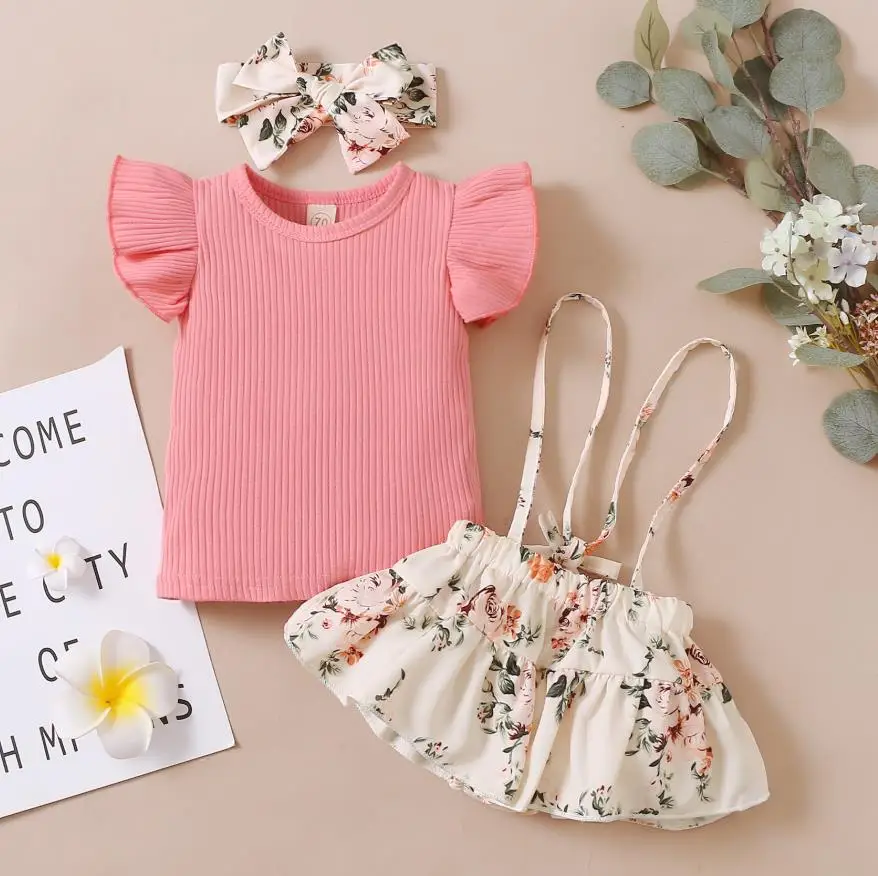 

2Pcs Baby Girls Outfit Summer Children Sweet Style Floral Printing Sleeveless Suspender Vest Top Solid Color Shorts Set Sunsuits