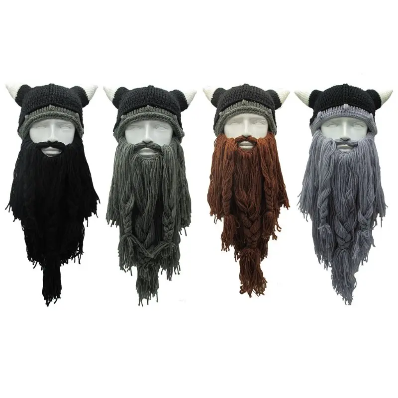 Adult Crazy Funny Halloween Cosplay Knitted Viking Beard Horn Hat Ski Mask Barbarian Vagabond Vintage Beanie Cap Winter Warmer | Аксессуары