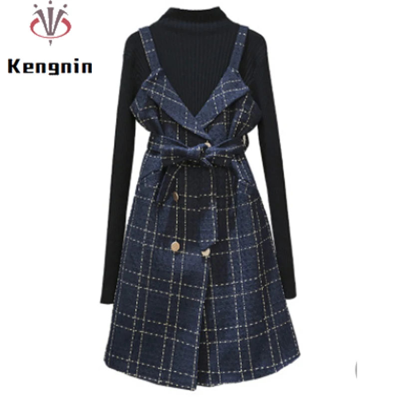 

Женский зимний комплект из двух предметов, зимнее шерстяное платье на бретельках и трикотажный свитер, черный топ, модель KE2159